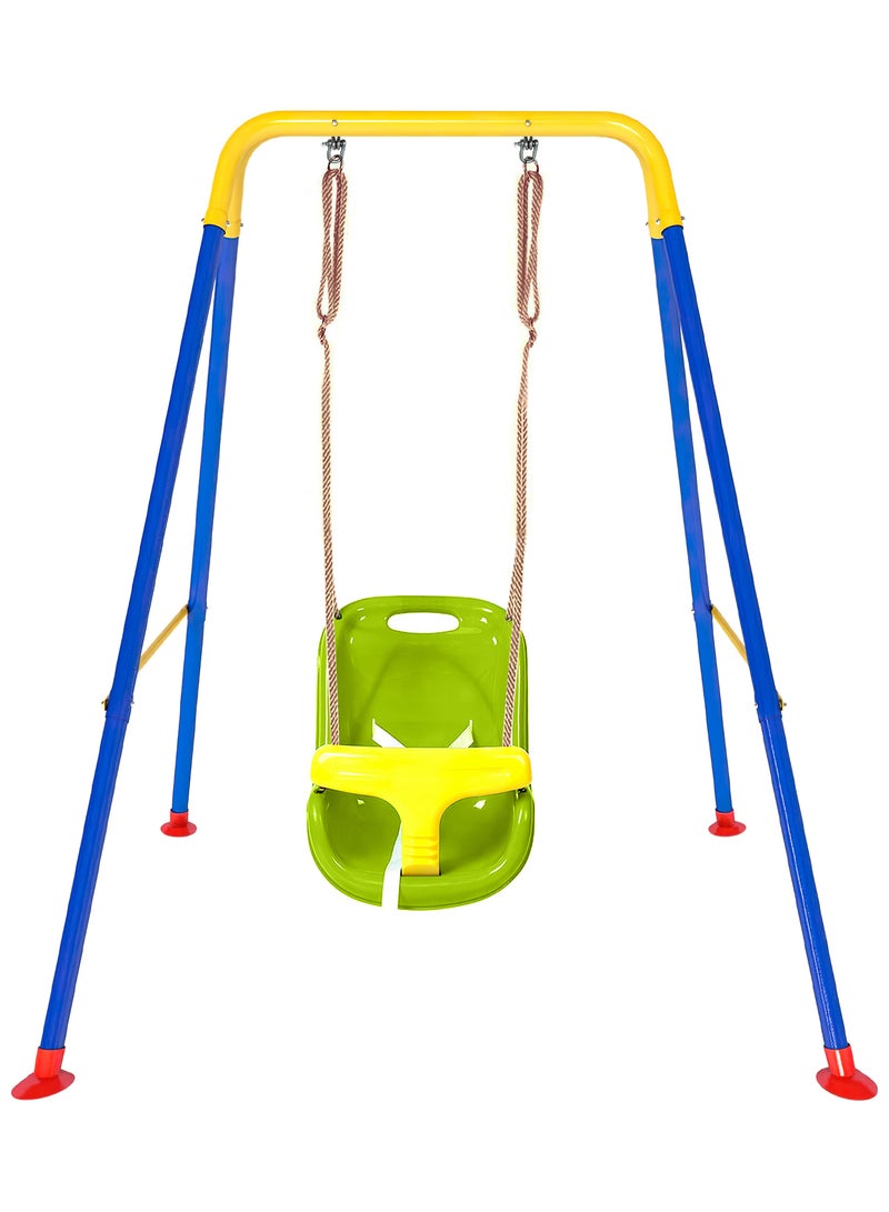 Funz Toddler Swing Set with Frame Indoor & Outdoor Baby Swing with Foldable Metal Stand Kids Swing Set for Backyard, Easy to Assemble & Store, Green - Image 1