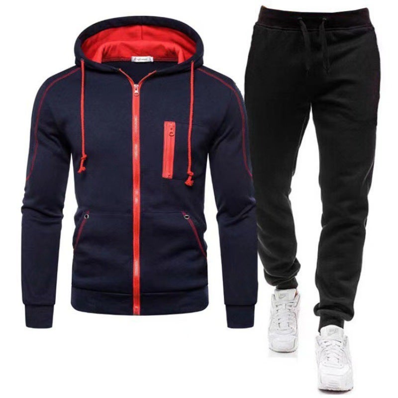 2023 cross-border new cardigan zipper hooded sweater suit digital leisure sports solid color European and American mens sweatpants Navy blue 