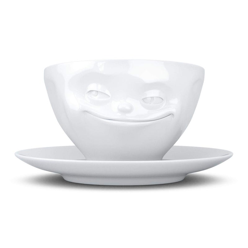 FIFTYEIGHT PRODUCTS TASSEN Porcelain Coffee Cup with Saucer Grinning Face Edition 65 oz White Single Cup  Saucer