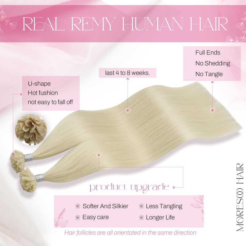 Moresoo U Tip Hair Extensions Human Hair Platinum Blonde 18inch K Tip Hair Extensions Human Hair Add Length Straight 50G/50S - Image 2