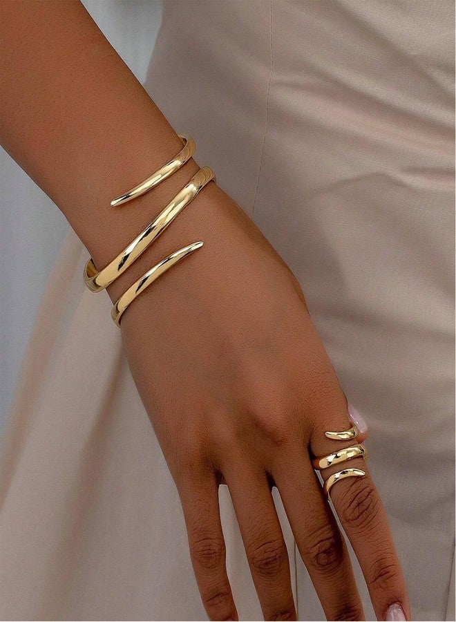 Decixde Bangle Ring Set Chunky Gold Bangle Bracelet And Ring Statement Jewelry Set for Women, adjustable, Metal, No Gemstone - Image 2