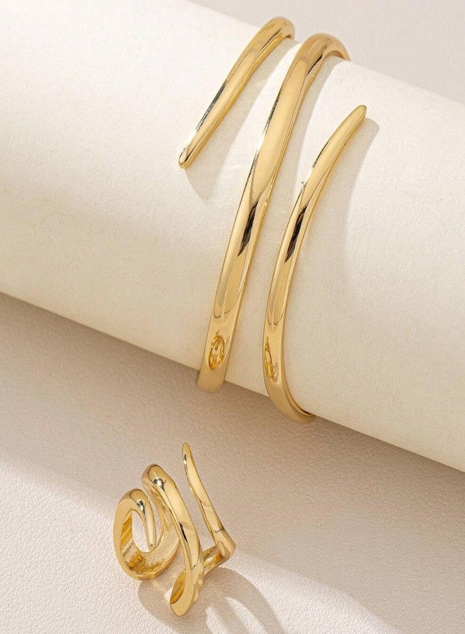 Decixde Bangle Ring Set Chunky Gold Bangle Bracelet And Ring Statement Jewelry Set for Women, adjustable, Metal, No Gemstone - Image 5