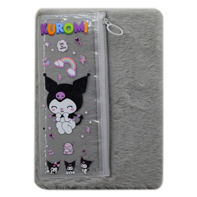 Asera 1 Pc Fur Plush Diary with attached Pencil Pouch for Kids (21.5 * 15 cms) / Birthday Return Gifts for Kids, 70 Pages (Kuromi Grey) - Image 1