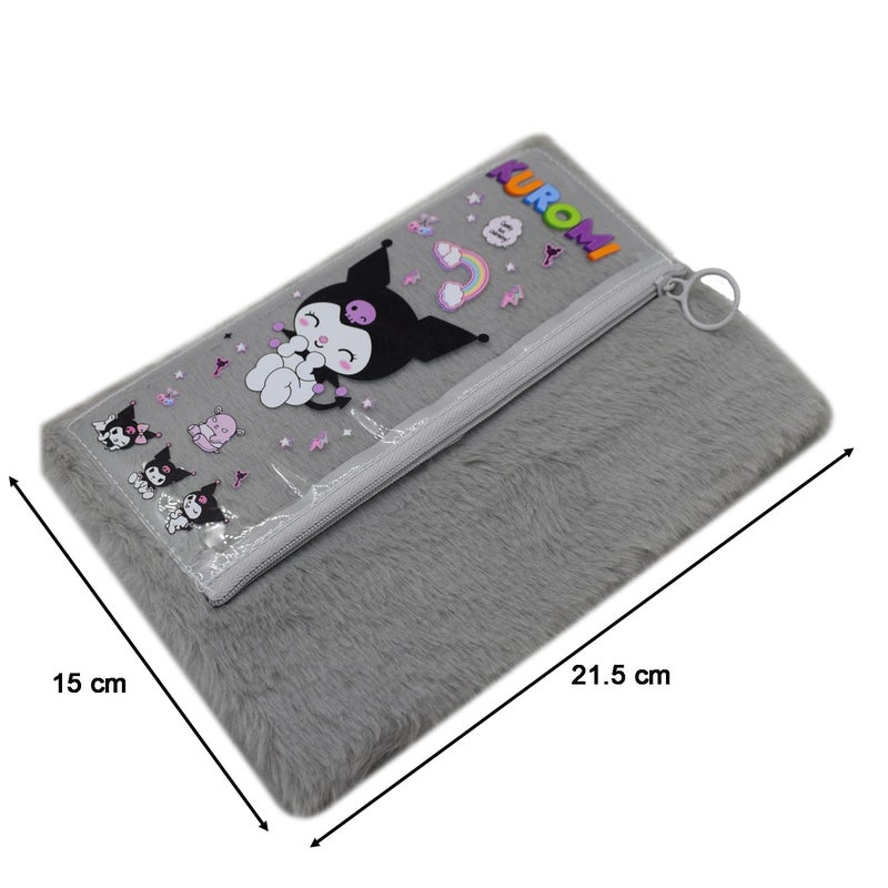 Asera 1 Pc Fur Plush Diary with attached Pencil Pouch for Kids (21.5 * 15 cms) / Birthday Return Gifts for Kids, 70 Pages (Kuromi Grey) - Image 2