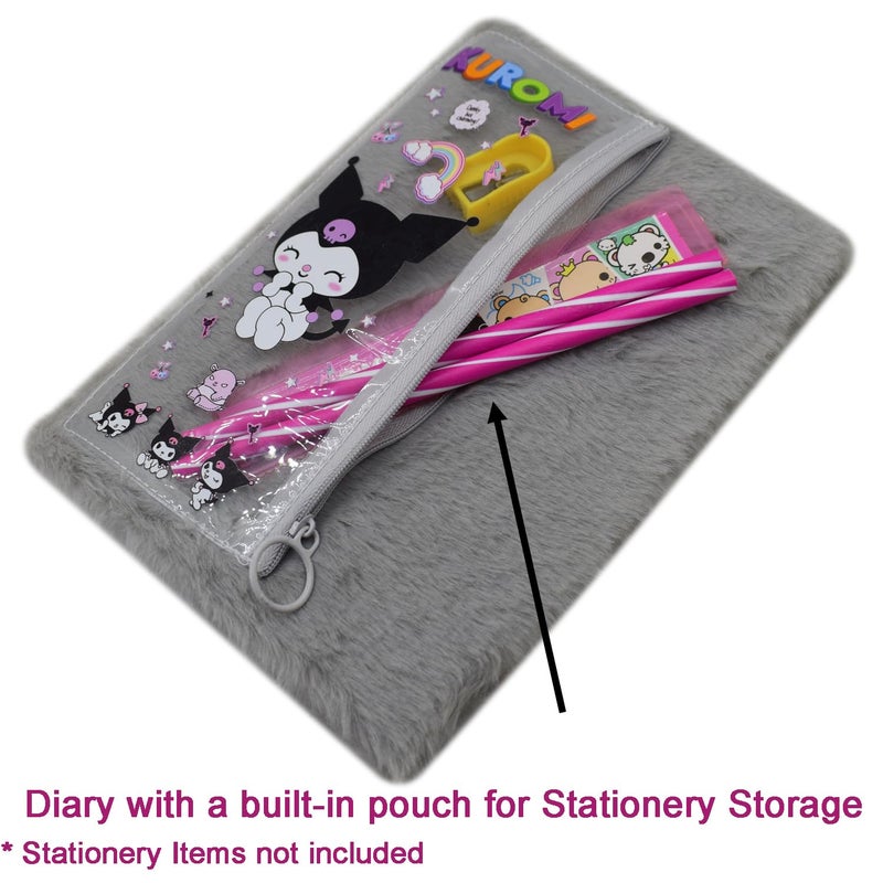 Asera 1 Pc Fur Plush Diary with attached Pencil Pouch for Kids (21.5 * 15 cms) / Birthday Return Gifts for Kids, 70 Pages (Kuromi Grey) - Image 3
