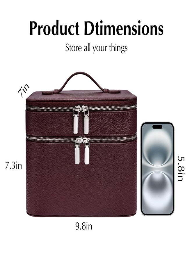 idoltimes Makeup Case, Large Capacity Leather Makeup Bag for Women,Large Capacity Waterproof Double Leather Cosmetic Case,Removable Compartment Travel Organizer, Burgundy(9.5*6.5*7in) - Image 2