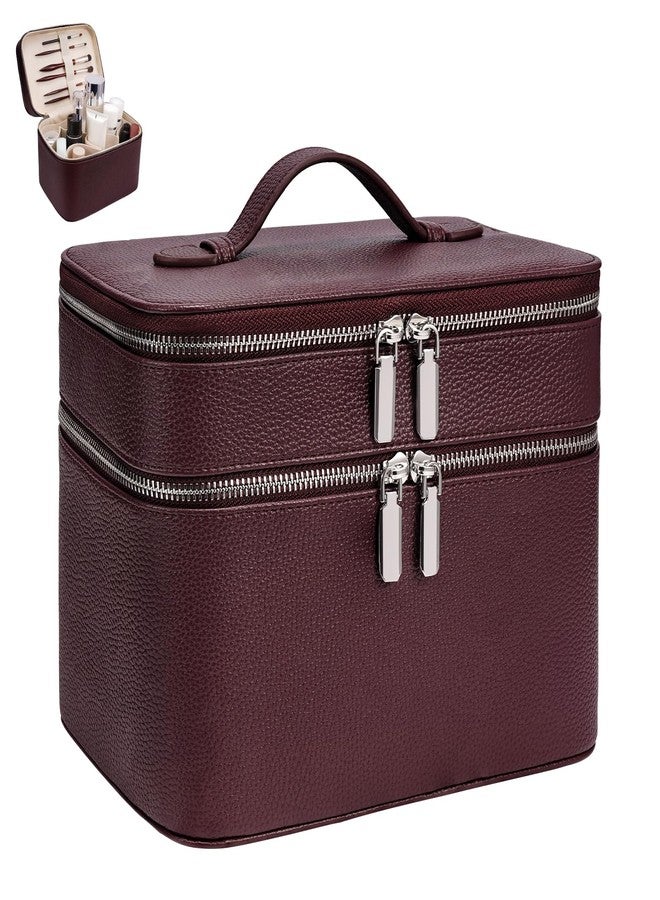idoltimes Makeup Case, Large Capacity Leather Makeup Bag for Women,Large Capacity Waterproof Double Leather Cosmetic Case,Removable Compartment Travel Organizer, Burgundy(9.5*6.5*7in) - Image 1
