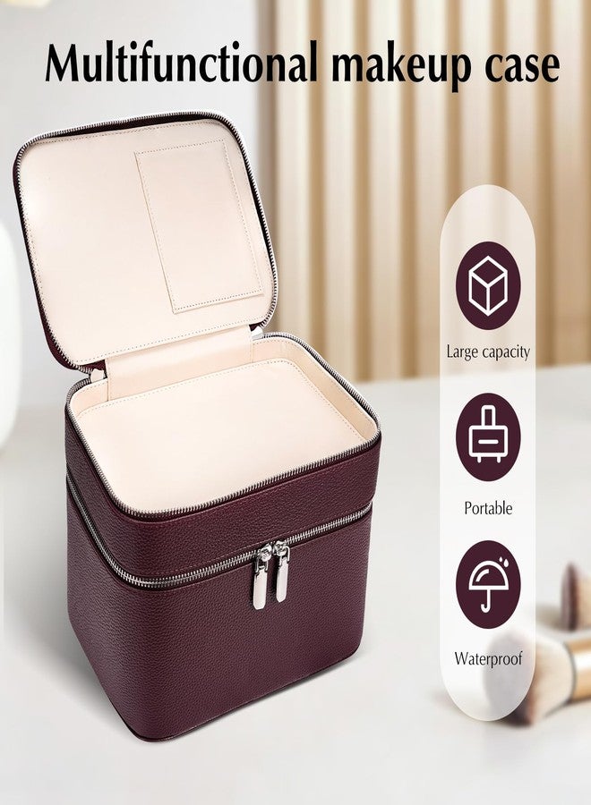 idoltimes Makeup Case, Large Capacity Leather Makeup Bag for Women,Large Capacity Waterproof Double Leather Cosmetic Case,Removable Compartment Travel Organizer, Burgundy(9.5*6.5*7in) - Image 5