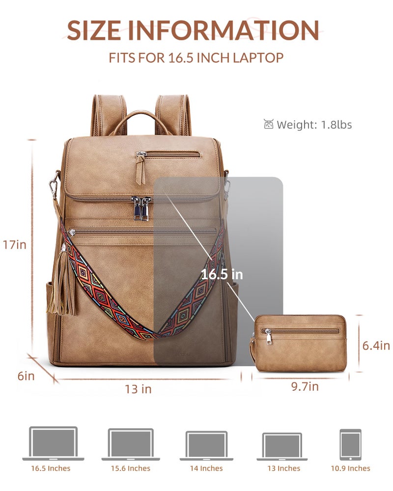 SYTRAH Leather Laptop Backpack for Women Designer Laptop Bag, 16.5 inch Travel Computer Backpacks Purse with Tassel for Work Business with Satchel Purse Camel Brown - Image 4