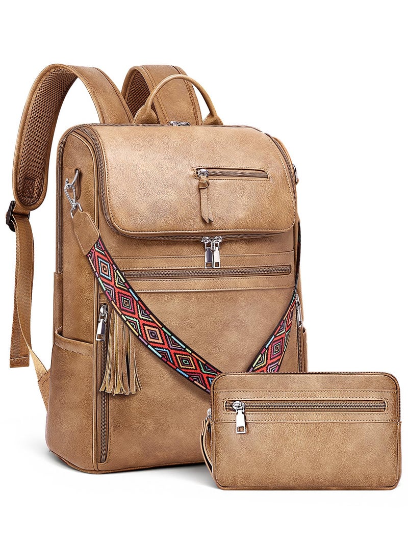 SYTRAH Leather Laptop Backpack for Women Designer Laptop Bag, 16.5 inch Travel Computer Backpacks Purse with Tassel for Work Business with Satchel Purse Camel Brown - Image 1