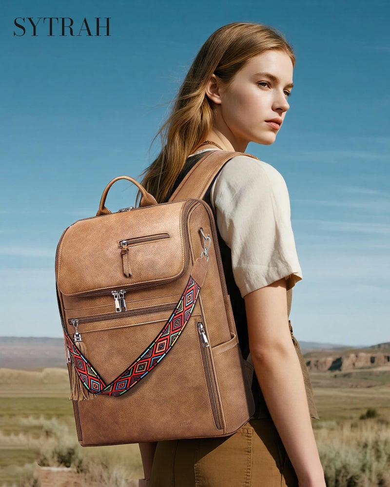SYTRAH Leather Laptop Backpack for Women Designer Laptop Bag, 16.5 inch Travel Computer Backpacks Purse with Tassel for Work Business with Satchel Purse Camel Brown - Image 3