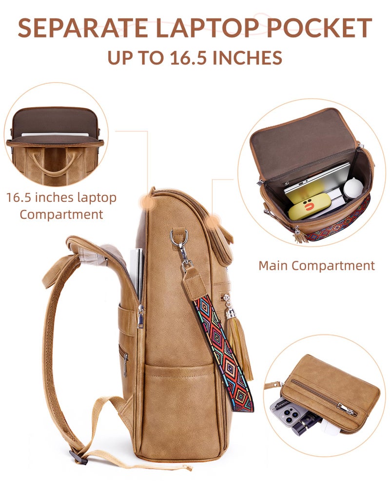 SYTRAH Leather Laptop Backpack for Women Designer Laptop Bag, 16.5 inch Travel Computer Backpacks Purse with Tassel for Work Business with Satchel Purse Camel Brown - Image 5