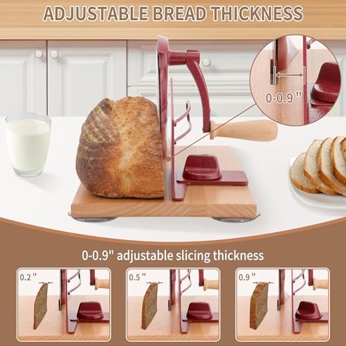 CAWIU Manual Bread Slicer with Hand Crank- Adjustable Thickness Bread Cutter for Even Slices, Perfect for Homemade Sourdough, Sandwich, and More, Red - Image 2