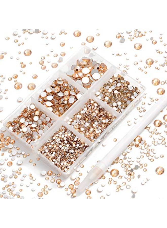 AD Beads 4300 Pieces Flat Back Nail Art Rhinestones Round Beads 6 Sizes 265mm with Storage Organizer BoxRhinestones Picking Pen for Nail Art Phone Decorations Crafts DIY Champagne - Image 1