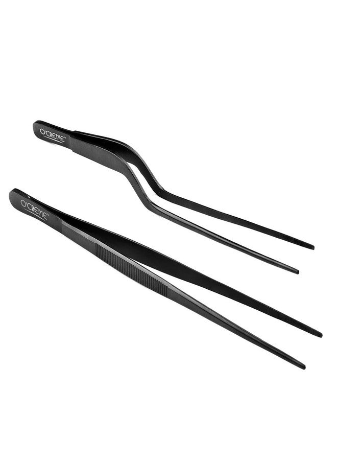 O'Creme Culinary Stainless Steel Tweezer Tongs Set of 2 - One 10 Inch Straight and One 8 Inch Offset Black Color - Image 1