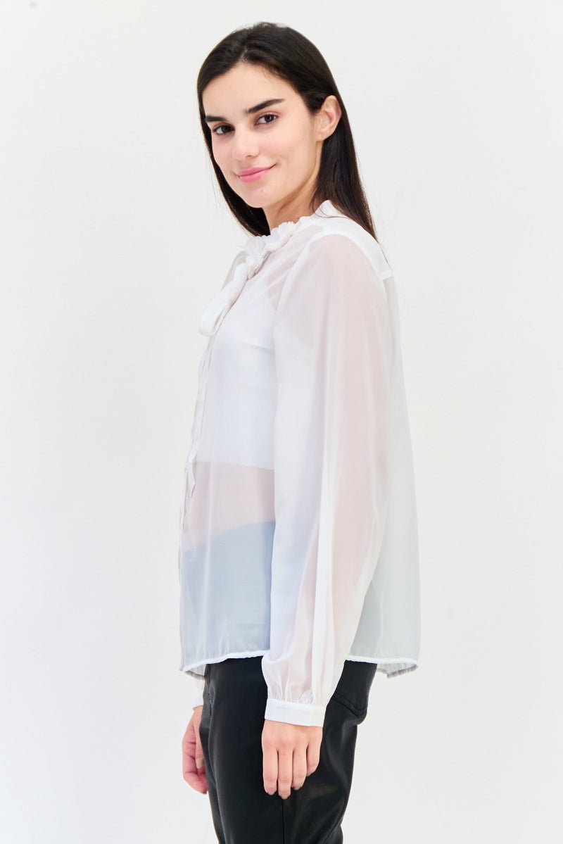 GAP بلوزة نسائية بأكمام طويلة ورقبة مربوطة، بيضاء - Image 4