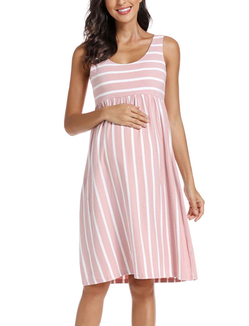 Ecavus Womens Maternity Tank Dress Stripe Color Block Sleeveless Knee Length for Baby Shower