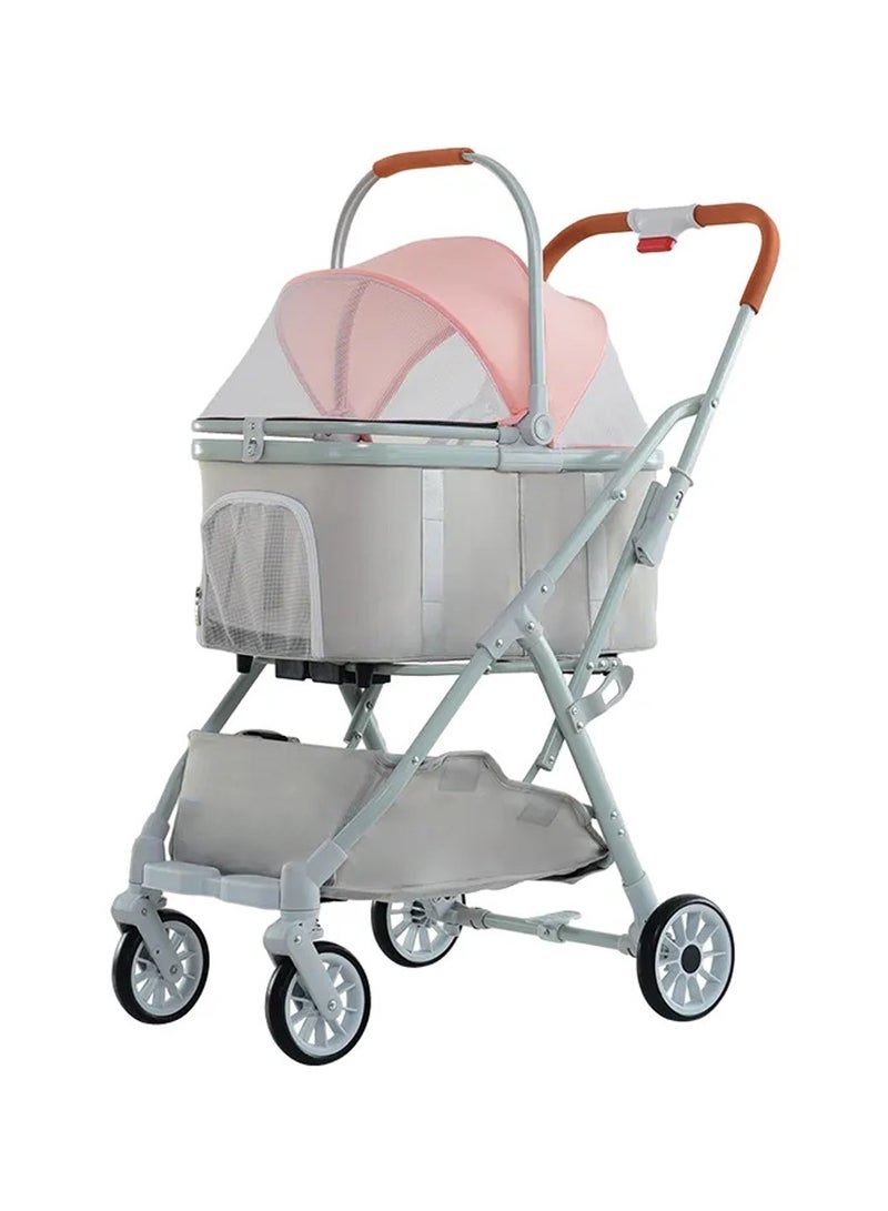 Wheeled Pet Stroller Dog Carrier with Storage Basket Dog Stroller Luxury 4 Wheels Pet for Dog Color Pink - Image 1