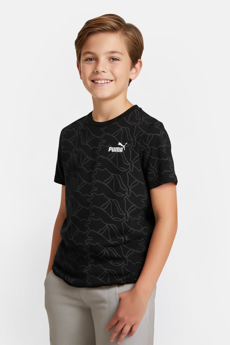PUMA تي شيرت أولاد بقلنسوة دائرية بشعار العلامة التجارية للخارج، أسود - Image 1