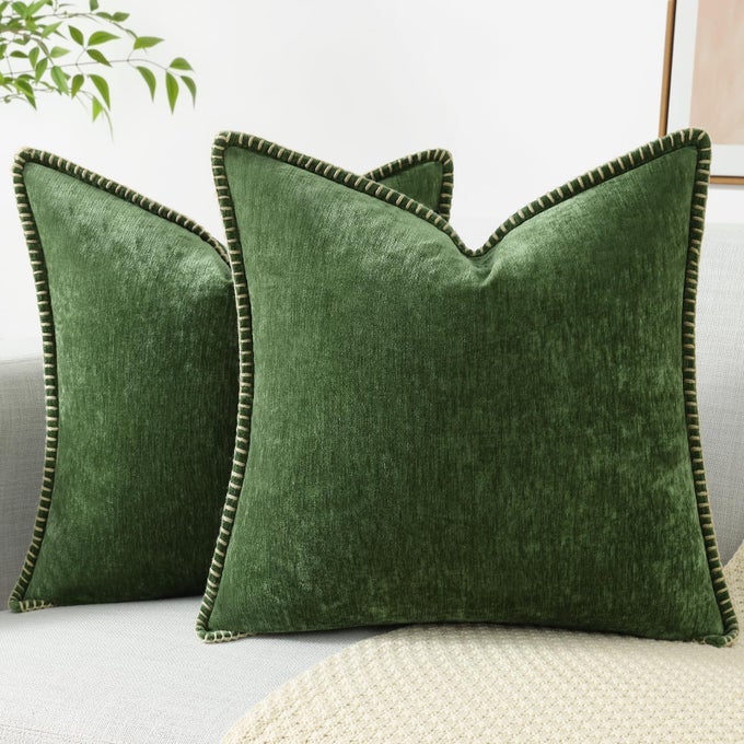 CHENILLE SOFT THROW PILLOW COVERS 20X20 SET OF 2 FARMHOUSE VELVET NEUTRAL DECORATIVE PILLOW COVERS WITH STITCHED EDGE FOR COUCH SOFA BED HOME DECOR FOREST ELF