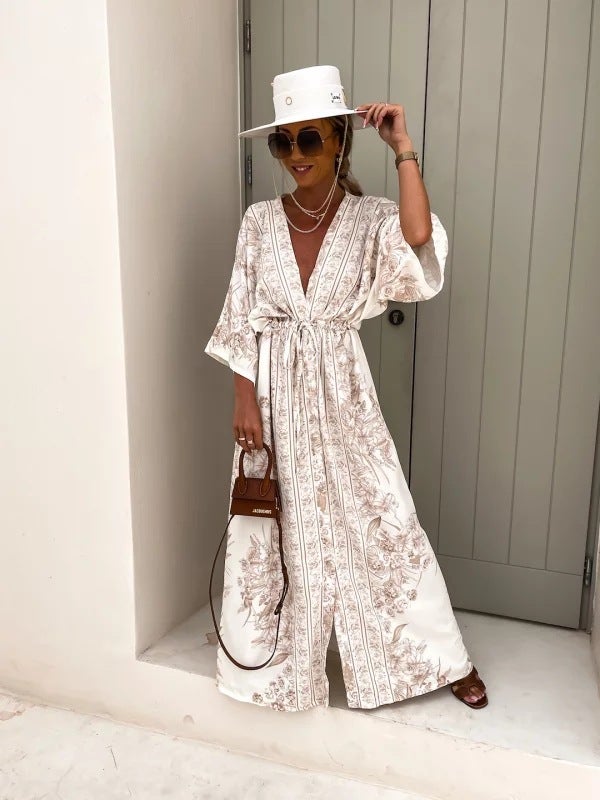 Spring 2024 V-Neck Button Print Dress Beige  - Image 1