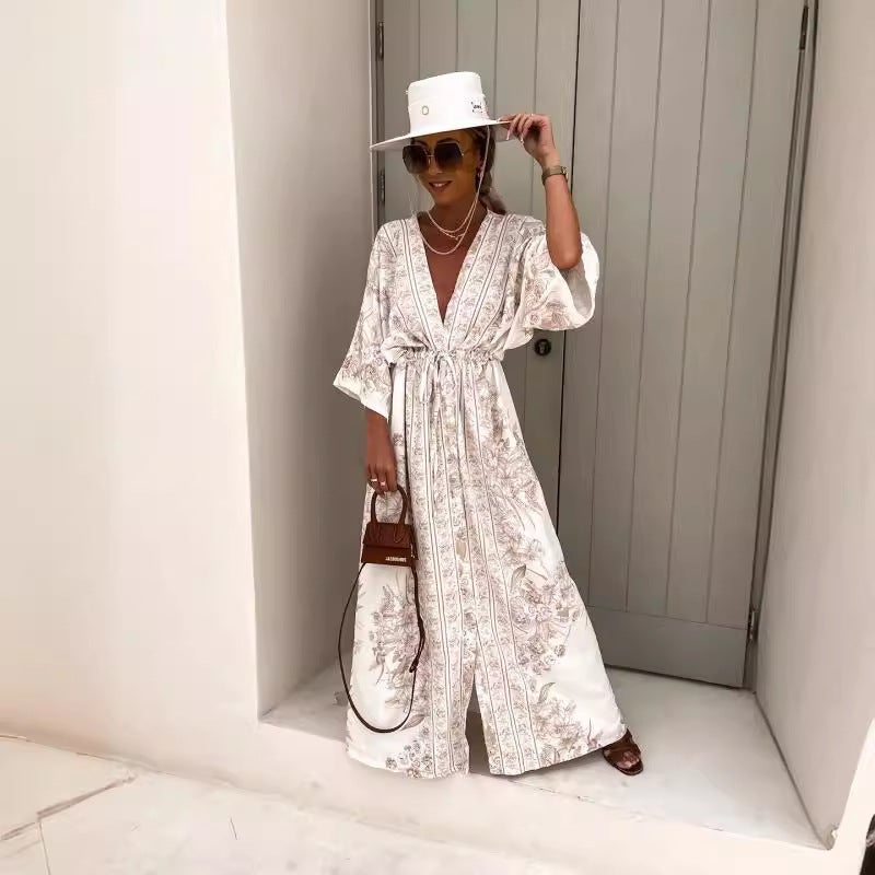 Spring 2024 V-Neck Button Print Dress Beige  - Image 5