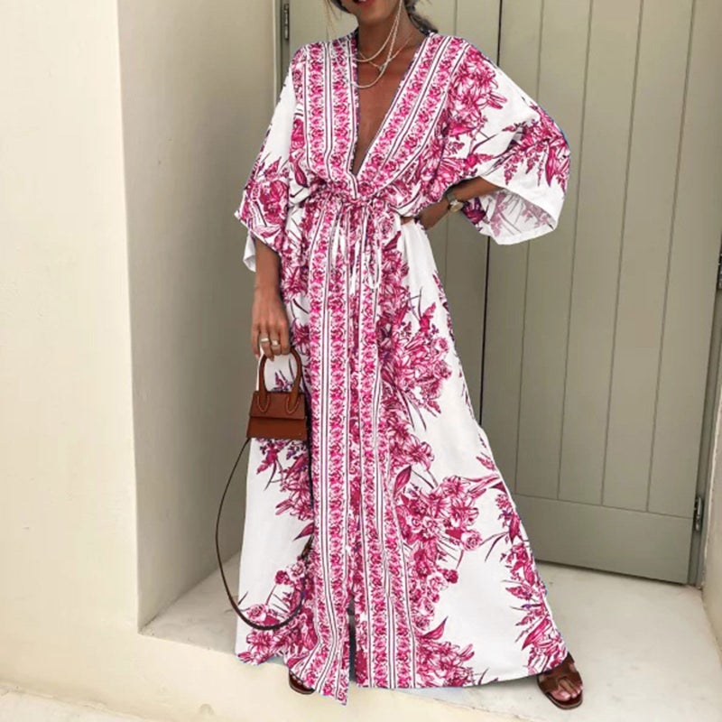 Spring 2024 V-Neck Button Print Dress Beige  - Image 3