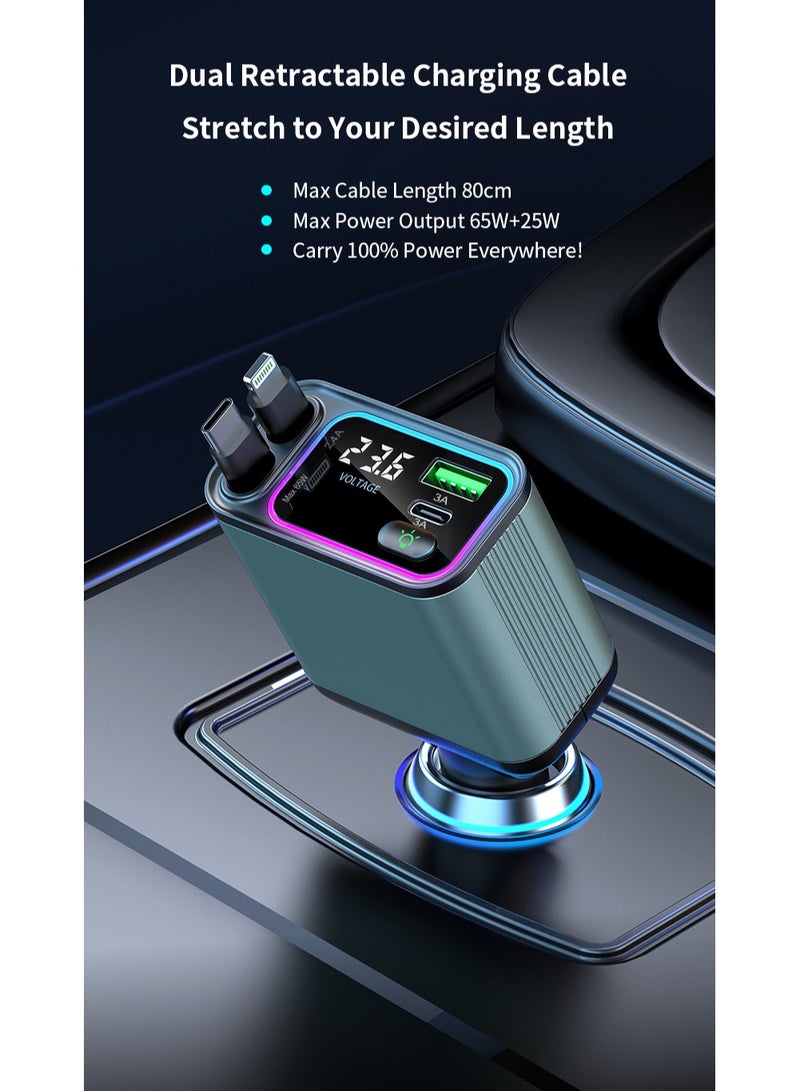 GREEN LION Car Charger 90W with Retractable Cable / Multi Protection / Digital Display / 80cm Cable Length / Rotate at Multiple Angles / Charge 4 Devices at Same Time - Green - Image 2