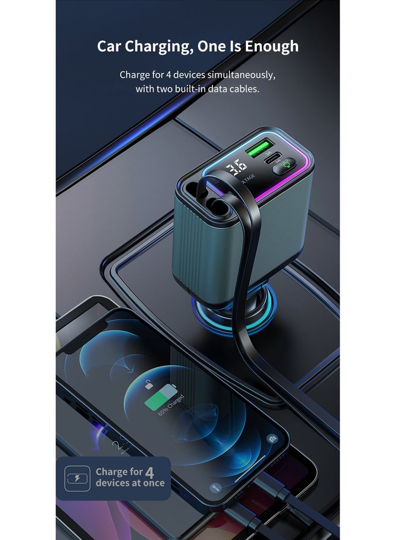 GREEN LION Car Charger 90W with Retractable Cable / Multi Protection / Digital Display / 80cm Cable Length / Rotate at Multiple Angles / Charge 4 Devices at Same Time - Green - Image 3