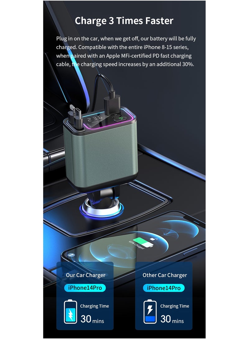 GREEN LION Car Charger 90W with Retractable Cable / Multi Protection / Digital Display / 80cm Cable Length / Rotate at Multiple Angles / Charge 4 Devices at Same Time - Green - Image 4