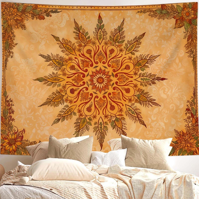 Accnicc Boho Mandala Floral Tapestry Vintage Bohemian Indian Tapestries for Bedroom Aesthetic Retro Orange Yellow Flower Small Tapestry Wall Hanging for Dorm Living Room Decor 48 x 36 Inch - Image 1