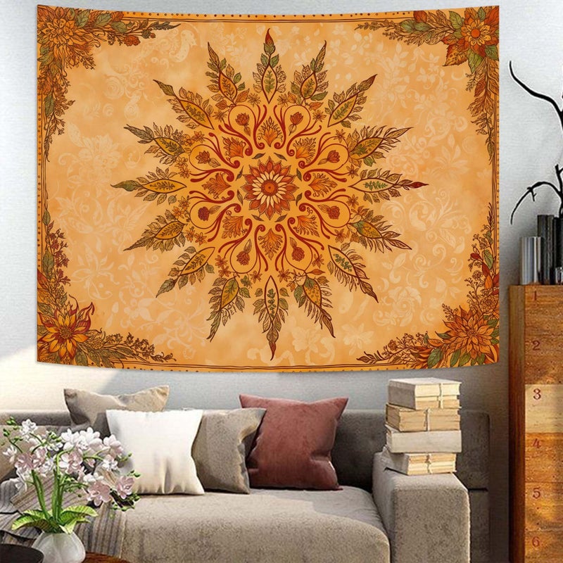Accnicc Boho Mandala Floral Tapestry Vintage Bohemian Indian Tapestries for Bedroom Aesthetic Retro Orange Yellow Flower Small Tapestry Wall Hanging for Dorm Living Room Decor 48 x 36 Inch - Image 4