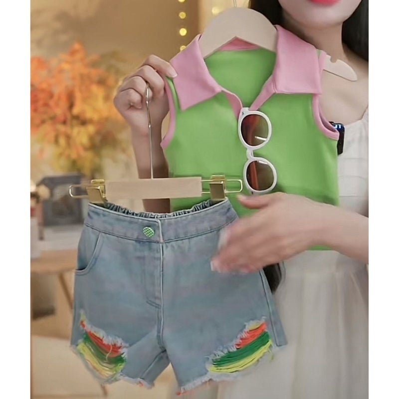 Girls'' Summer Vest Set, New Korean Style, Fashionable and Versatile, Ripped Denim Shorts, Summer Fashion Trend - Image 2