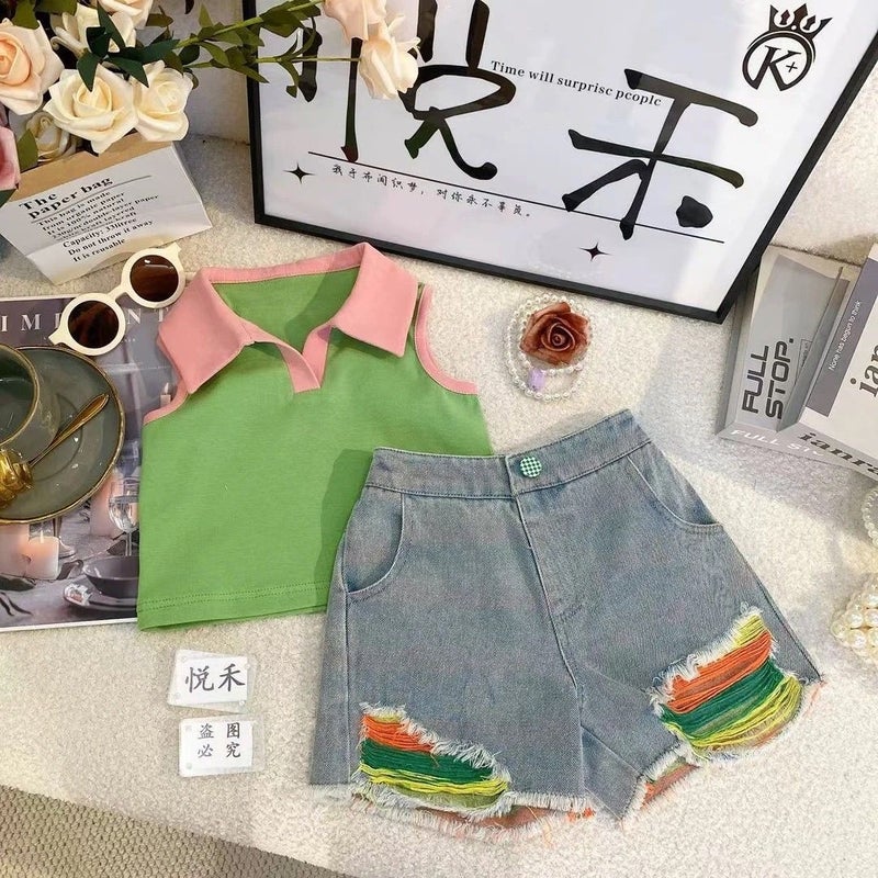 Girls'' Summer Vest Set, New Korean Style, Fashionable and Versatile, Ripped Denim Shorts, Summer Fashion Trend - Image 4