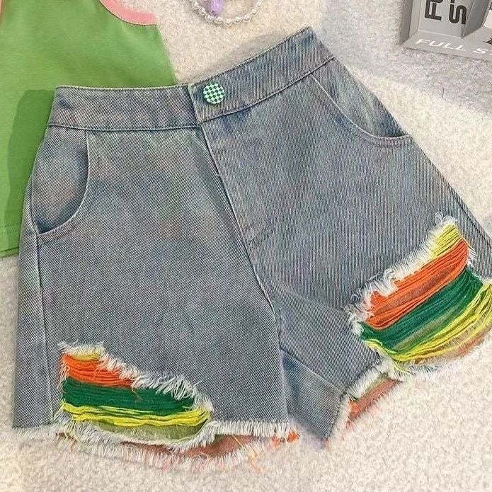 Girls'' Summer Vest Set, New Korean Style, Fashionable and Versatile, Ripped Denim Shorts, Summer Fashion Trend - Image 1