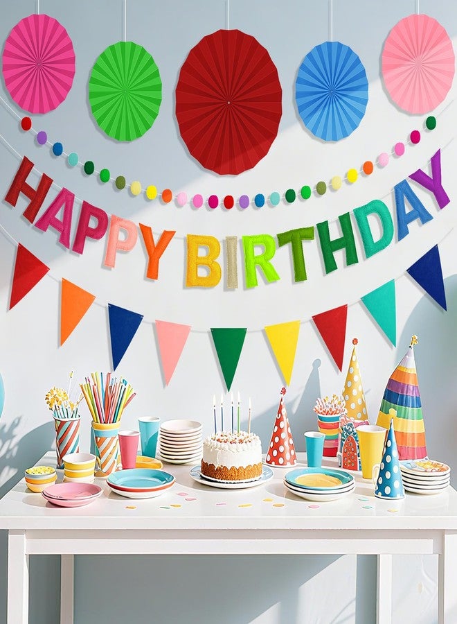 Danadia Pre-Strung Happy Birthday Banner, Reusable Felt Birthday Party Decorations, 3D Effect Happy Birthday Sign with Felt Ball Garland, Pennant Flag, Hanging Paper Fans for Men Women Boy Girls (Rainbow) - Image 3