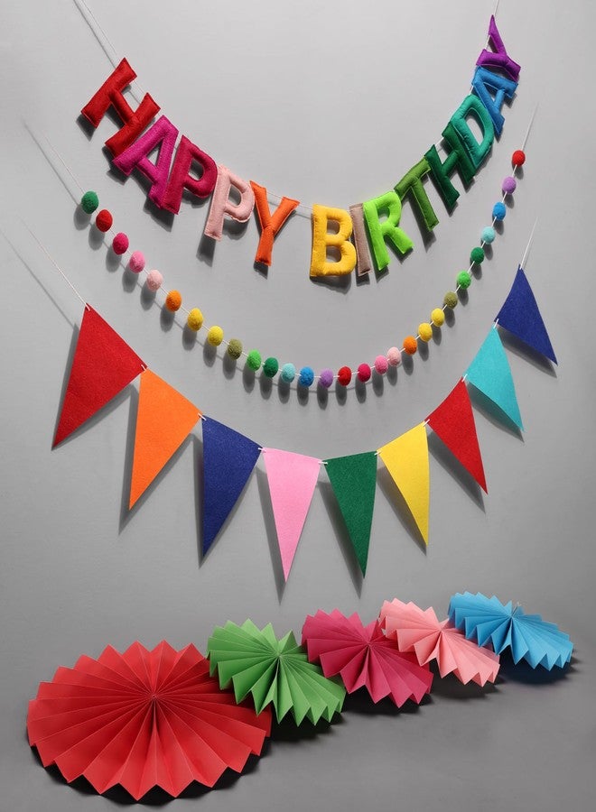 Danadia Pre-Strung Happy Birthday Banner, Reusable Felt Birthday Party Decorations, 3D Effect Happy Birthday Sign with Felt Ball Garland, Pennant Flag, Hanging Paper Fans for Men Women Boy Girls (Rainbow) - Image 1