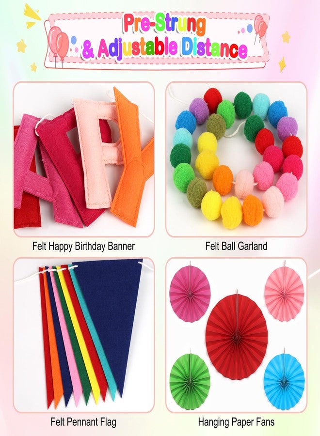 Danadia Pre-Strung Happy Birthday Banner, Reusable Felt Birthday Party Decorations, 3D Effect Happy Birthday Sign with Felt Ball Garland, Pennant Flag, Hanging Paper Fans for Men Women Boy Girls (Rainbow) - Image 4