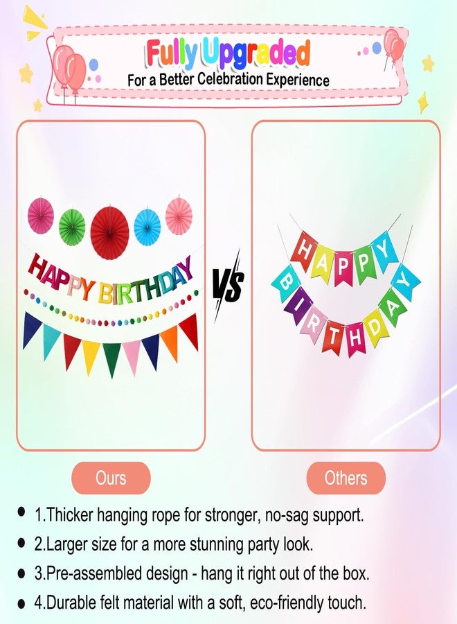 Danadia Pre-Strung Happy Birthday Banner, Reusable Felt Birthday Party Decorations, 3D Effect Happy Birthday Sign with Felt Ball Garland, Pennant Flag, Hanging Paper Fans for Men Women Boy Girls (Rainbow) - Image 5
