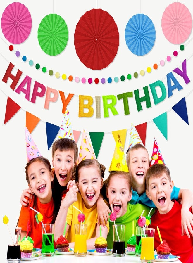 Danadia Pre-Strung Happy Birthday Banner, Reusable Felt Birthday Party Decorations, 3D Effect Happy Birthday Sign with Felt Ball Garland, Pennant Flag, Hanging Paper Fans for Men Women Boy Girls (Rainbow) - Image 2