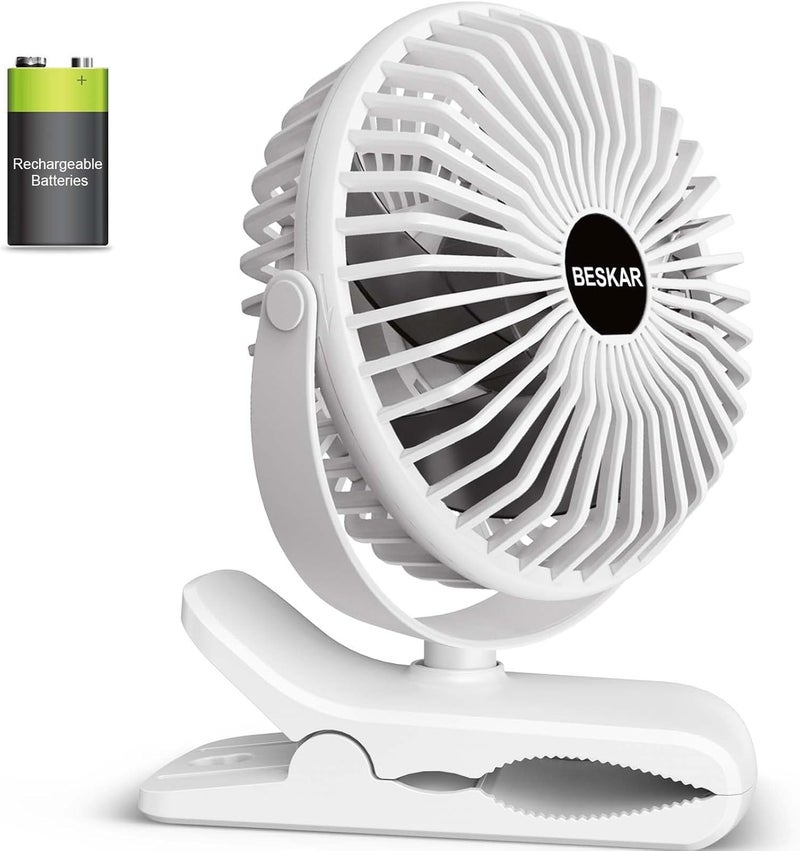 BESKAR Portable Clip on Fan Rechargeable, 4 Speeds Small Battery Operated Fans, USB Desk Fan with Strong Airflow, Sturdy Clamp Fans for Golf Cart Office Outdoor Travel Camping - Image 1