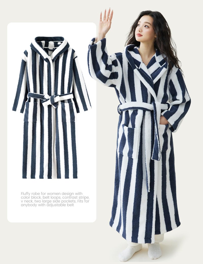 Yimoon Womens Fluffy Fuzzy Hooded Robe Striped Plush Long Bathrobes Thick Warm Soft House Coat Loungewear(Navy-L) - Image 5