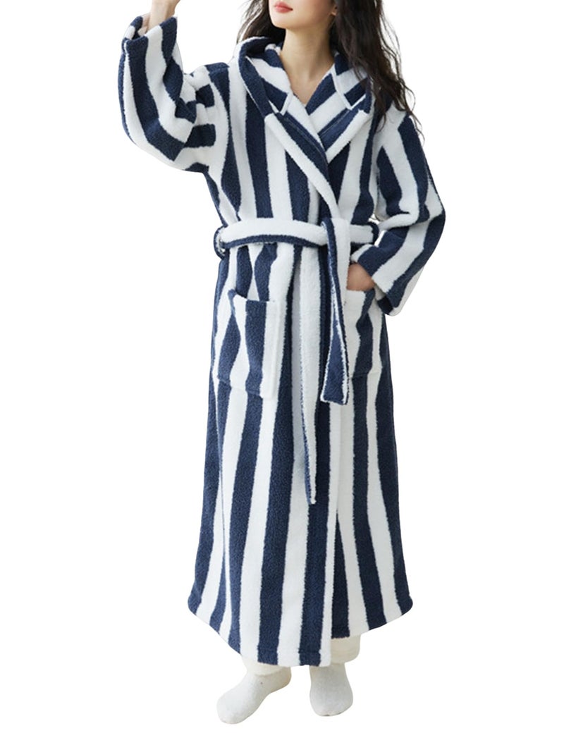 Yimoon Womens Fluffy Fuzzy Hooded Robe Striped Plush Long Bathrobes Thick Warm Soft House Coat Loungewear(Navy-L) - Image 1