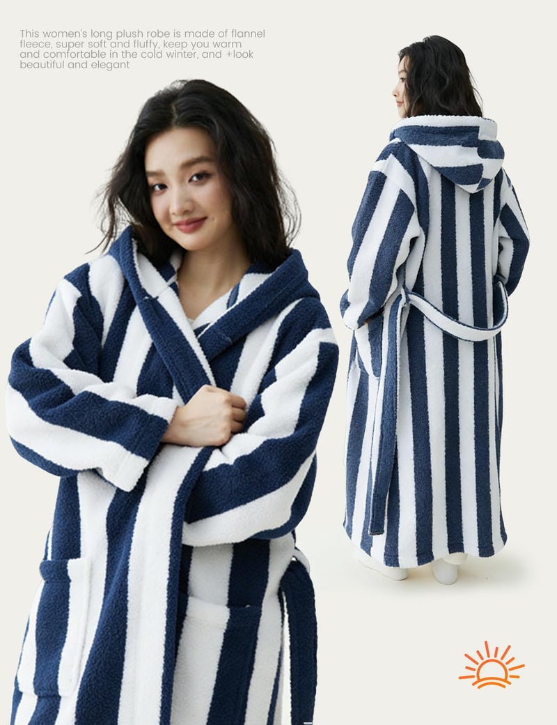 Yimoon Womens Fluffy Fuzzy Hooded Robe Striped Plush Long Bathrobes Thick Warm Soft House Coat Loungewear(Navy-L) - Image 4
