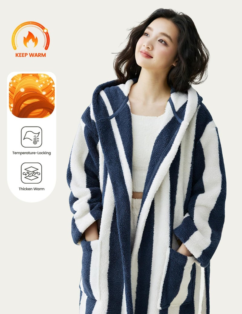 Yimoon Womens Fluffy Fuzzy Hooded Robe Striped Plush Long Bathrobes Thick Warm Soft House Coat Loungewear(Navy-L) - Image 2