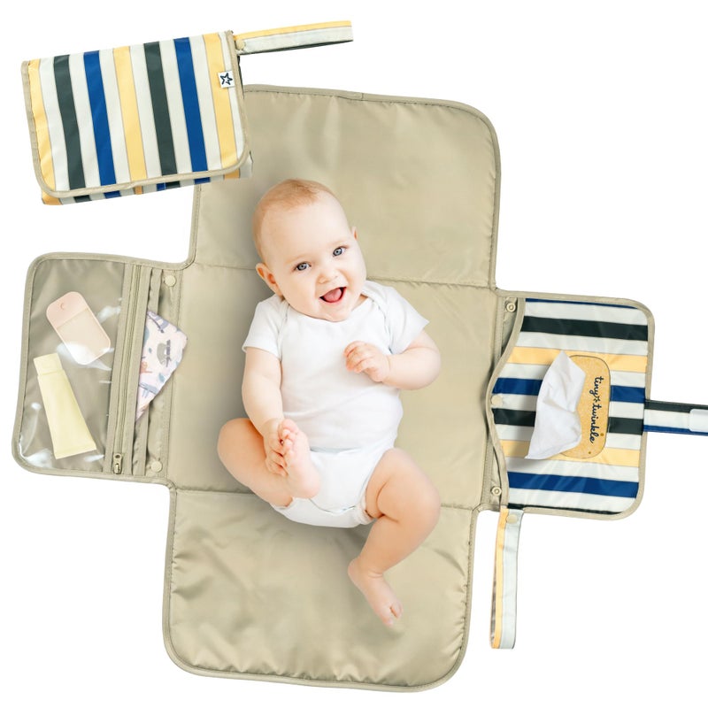 Tiny Twinkle Portable Diaper Changing Pad | Waterproof, Wipeable & Compact Baby Changing Pad for Travel | Smart Wipes Pocket & Organized Storage| Newborn Shower Gift (Retro Stripes) - Image 1