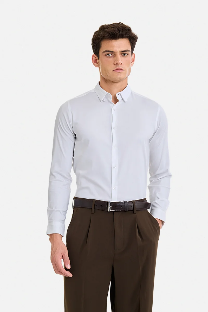 سنيتش White Solid Long Sleeve Slim Fit Formal Shirt