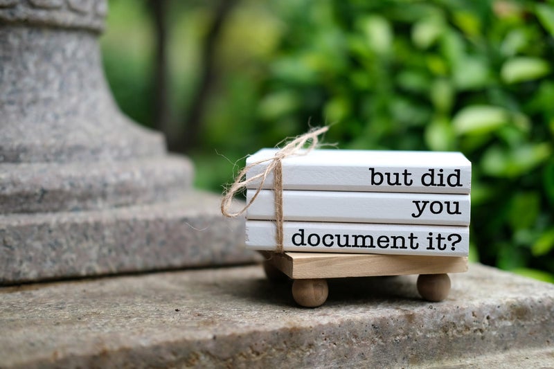 RUKEJUNE Funny Cute Office Desk Decor  Rustic Wooden Book Stack for Shelf Table Decoration - But Did You Document It Sign - Image 4