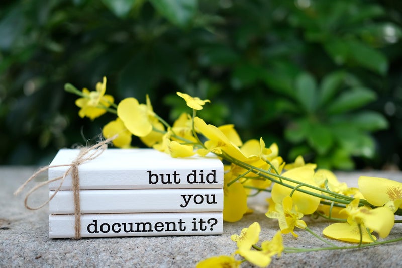 RUKEJUNE Funny Cute Office Desk Decor  Rustic Wooden Book Stack for Shelf Table Decoration - But Did You Document It Sign - Image 5