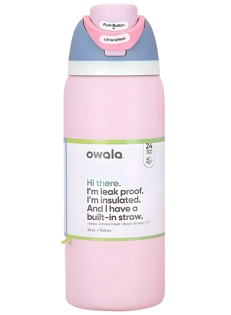 Owala FreeSip Insulated Stainless Steel Water Bottle Bundle with Straw, Leak Proof, BPA-Free, Double Insulated Sports Water Bottles, 32 oz, 1-Pack Each – Iced Breeze, Macaron Strawberry, White, Pink Ribbon & Blue Tie - Image 2